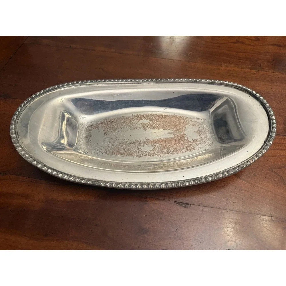 Vintage Guildhall Fine Silver Plated Over Copper Oval Etched Center Bread Tray